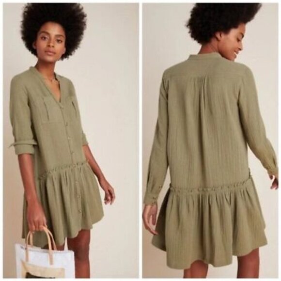 Maeve Dresses & Skirts - Anthropologie Maeve Kate Gauzy Textured Utility Green Button-Down Tunic Dress 2